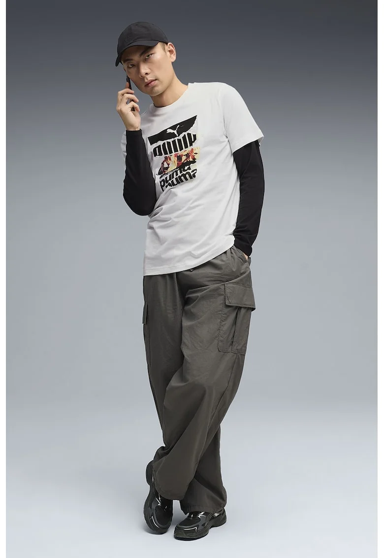 Tricou cu logo si imprimeu foto, Alb/Negru/Negru stins