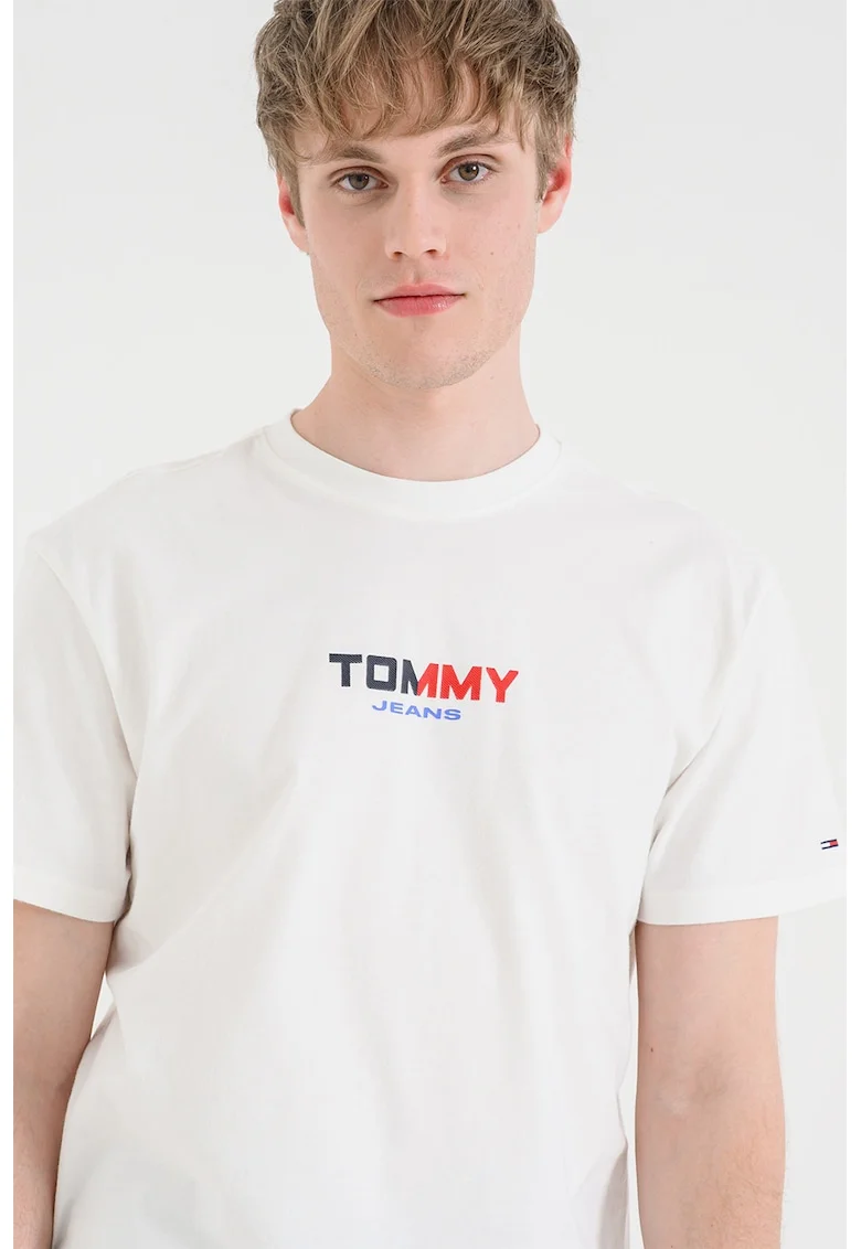 Tricou cu decolteu la baza gatului si imprimeu logo, Crem