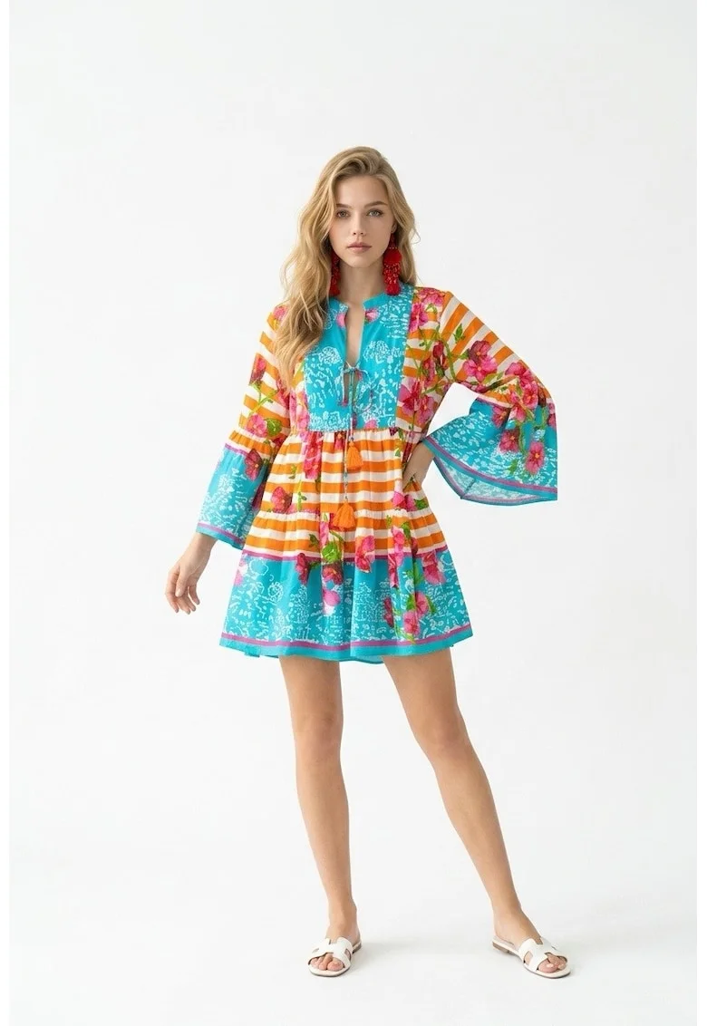 Rochie scurta de vara din bumbac cu imprimeu Amalfi, Portocaliu/Multicolor