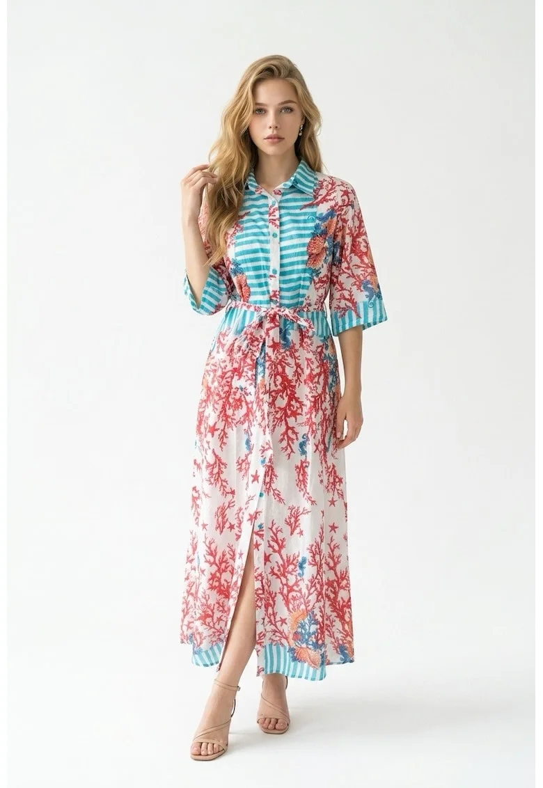 Rochie tip camasa midi de vara din bumbac cu imprimeu multicolor Amalfi, Rosu/Albastru