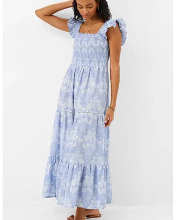 Rochie lunga cu volane si model tropical, Albastru deschis