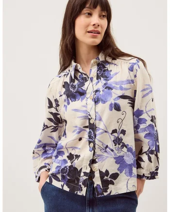 Bluza cu design floral, Alb/Albastru