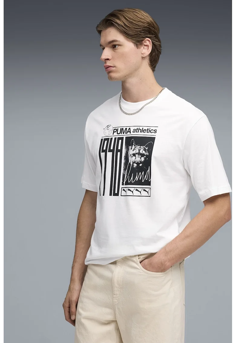 Tricou cu decolteu la baza gatului si imprimeu foto si logo, Alb/Negru