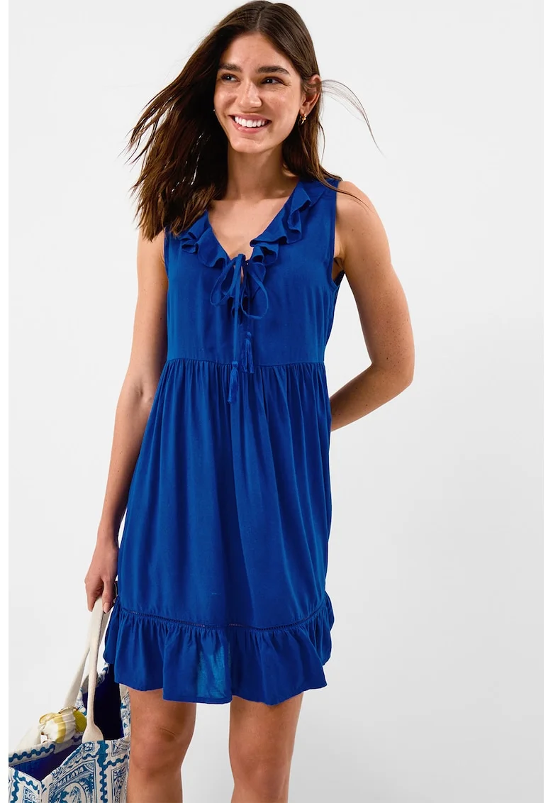 Rochie evazata cu aplicatii cu volane, Albastru cobalt