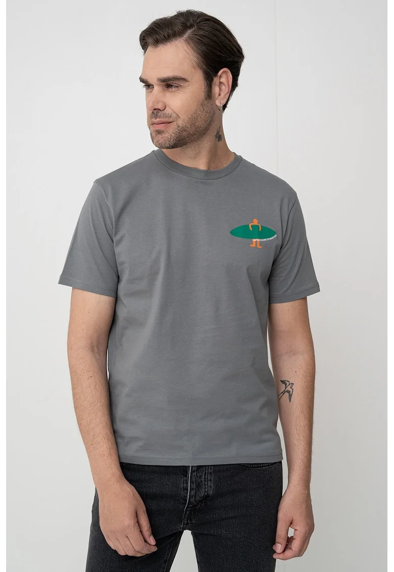 Tricou cu decolteu la baza gatului si imprimeu, Verde/Gri/Albastru deschis