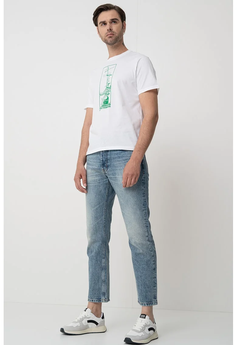 Blugi crop cu talie medie, Albastru melange