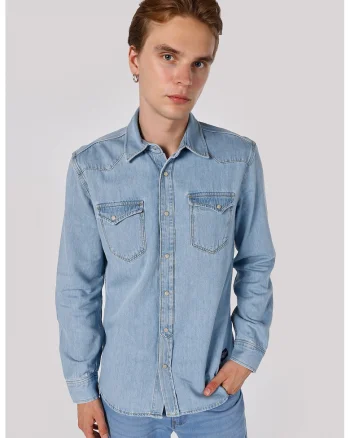 Camasa din material chambray cu capse, Albastru deschis