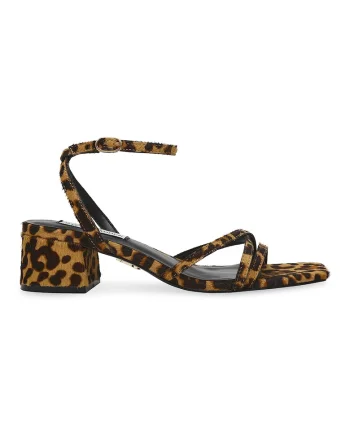 Sandale cu toc masiv si model animal print, Maro inchis/Caramel