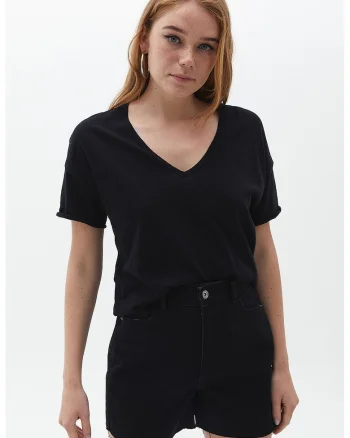 Tricou de bumbac cu decolteu in V, Negru