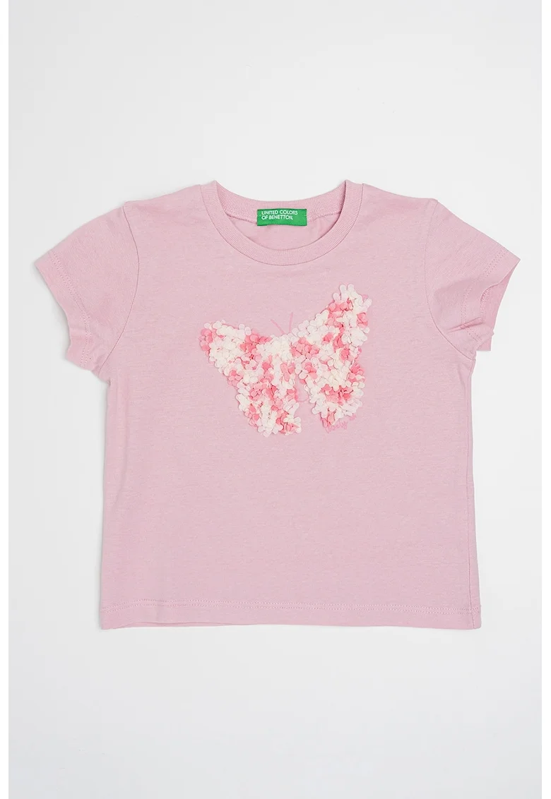 Tricou de bumbac cu decolteu la baza gatului, Alb/Roz