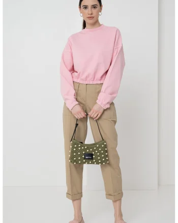 Bluza de trening crop cu model uni, Roz pastel