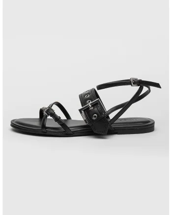 Sandale de piele cu talpa joasa si catarama, Negru
