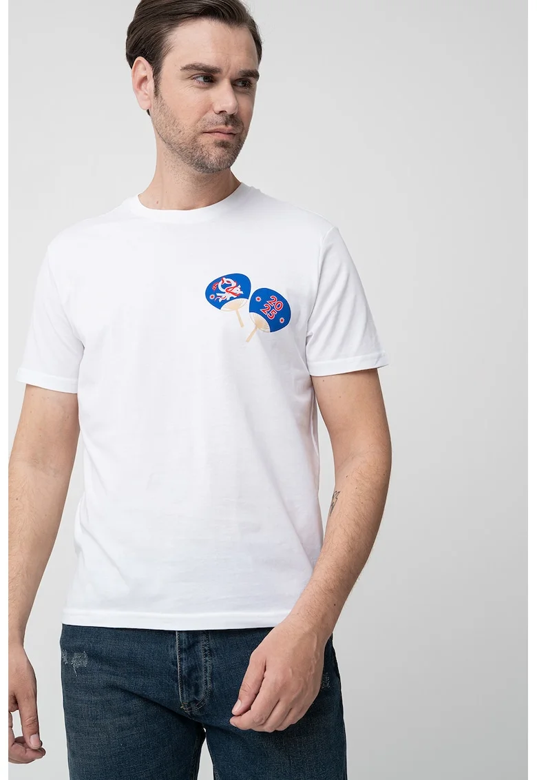 Tricou cu imprimeu grafic, Alb/Albastru royal/Maro nisip