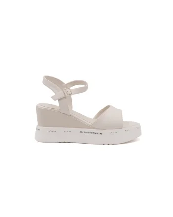 Sandale wedge din piele ecologica cu catarama, Bej deschis