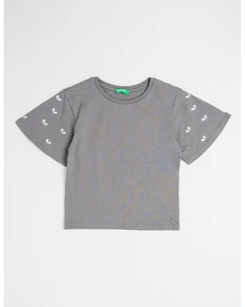 Tricou de bumbac cu aplicatii de strasuri, Gri antracit/Argintiu