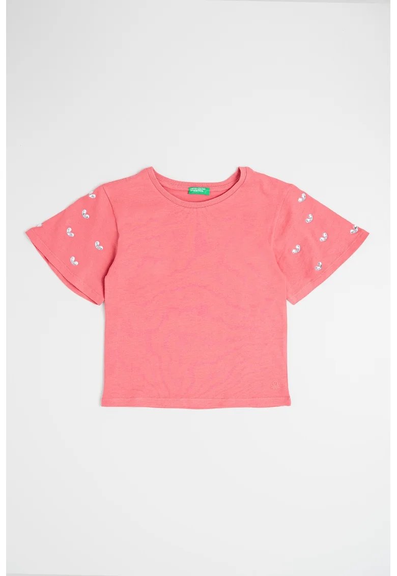 Tricou de bumbac cu aplicatii de strasuri, Roz zmeuriu/Argintiu