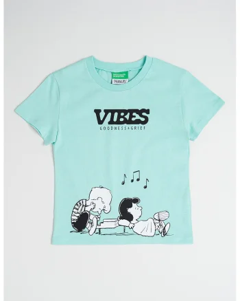 Tricou de bumbac cu impriemu Peanuts, Alb/Negru/Verde menta