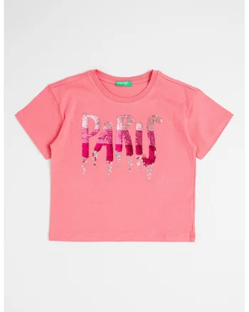 Tricou de bumbac cu aplicatii de paiete, Roz/Argintiu