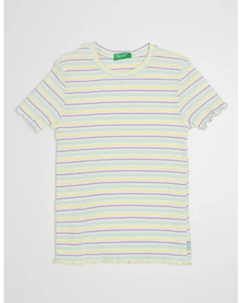 Tricou cu decolteu la baza gatului si model in dungi, Galben/Alb murdar