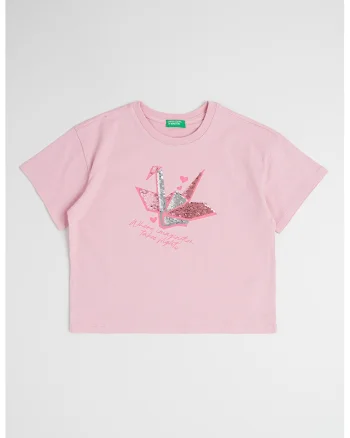 Tricou de bumbac cu aplicatii de paiete, Roz