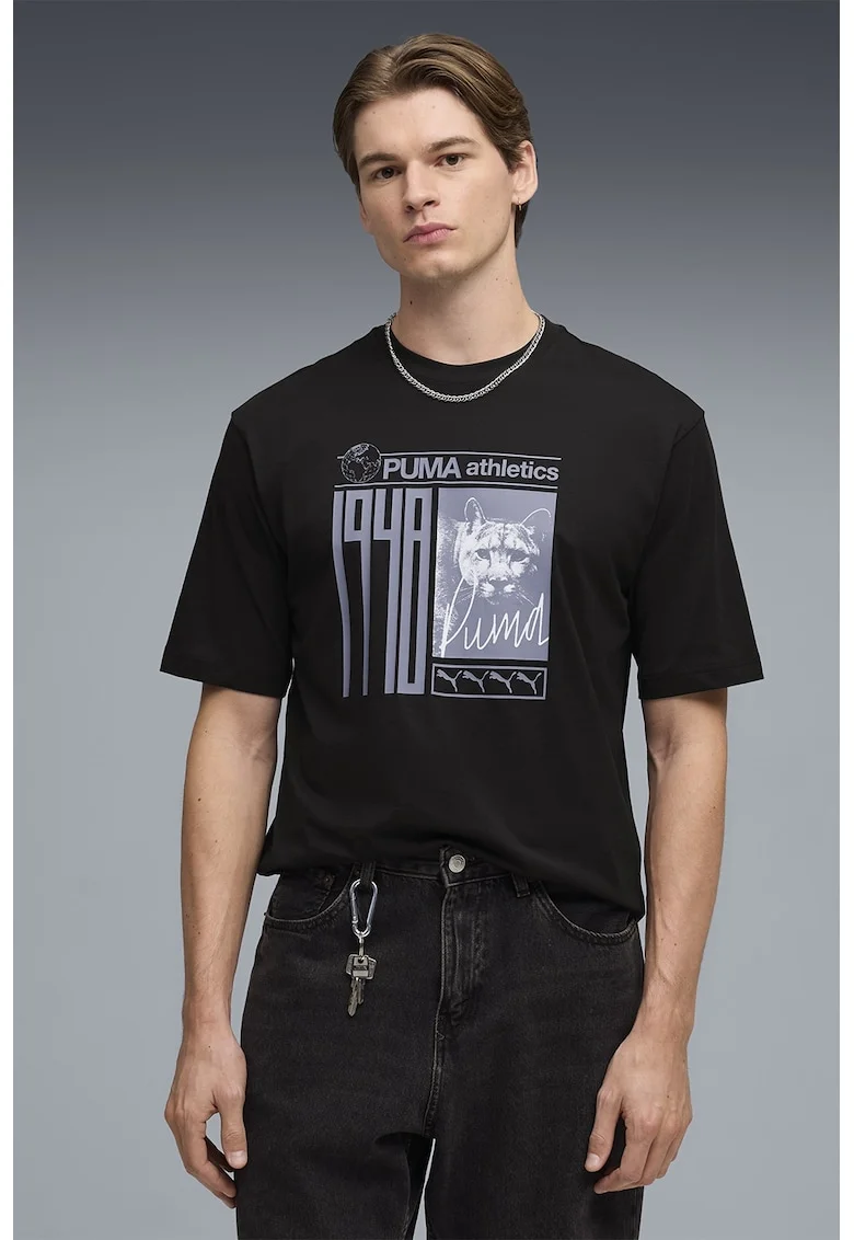Tricou cu decolteu la baza gatului si imprimeu foto si logo