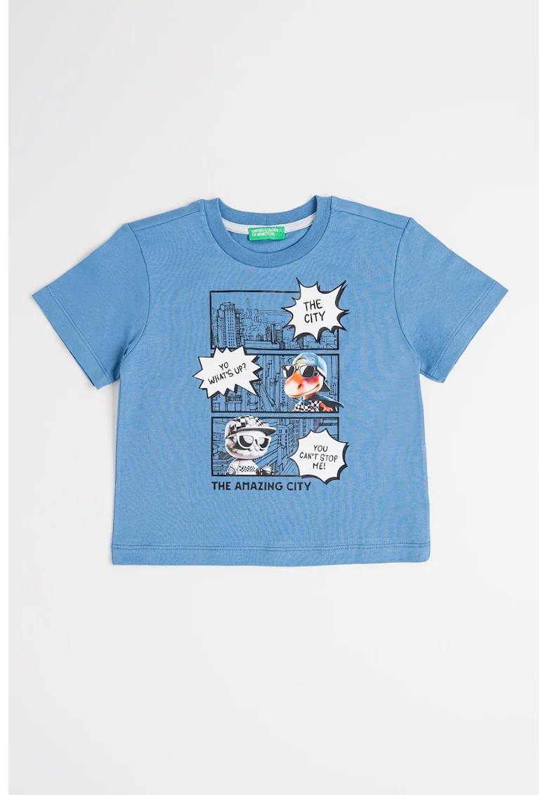 Tricou cu imprimeu grafic, Alb/Negru/Albastru inchis