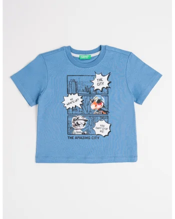 Tricou cu imprimeu grafic, Alb/Negru/Albastru inchis