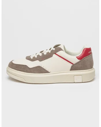 Pantofi sport din piele ecologica si material textil, Maro taupe/Rosu inchis/Alb murdar