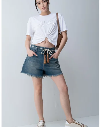 Tricou crop cu logo frontal, Alb/Auriu