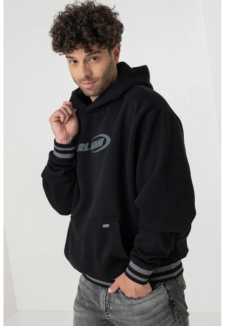 Hanorac cu logo si maneci cazute, Negru/Gri inchis