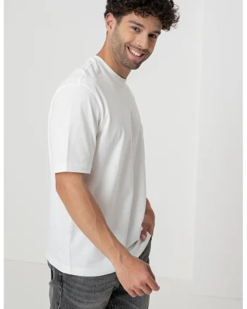 Tricou cu decolteu la baza gatului si buzunar pe piept, Maro taupe/Alb murdar