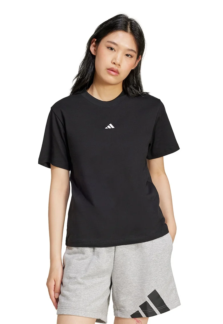Tricou cu decolteu lrotund si logo discret, Negru/Alb optic
