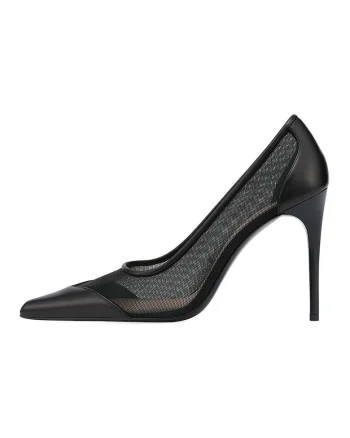 Pantofi stiletto cu varf ascutit si segment de plasa, Negru/Transparent