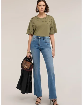 Tricou cu maneci cazute si decorat cu strasuri, Verde masliniu