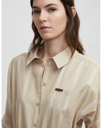 Rochie din bumbac cu model in dungi si curea in talie, Alb/Bej inchis