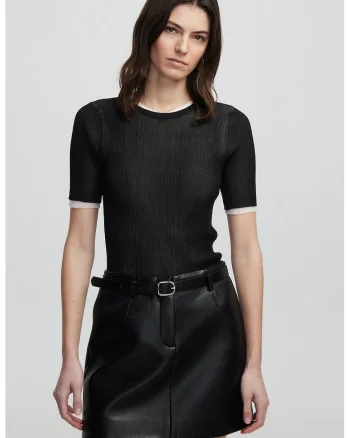 Pulover slim fit cu maneci scurte, Alb/Negru
