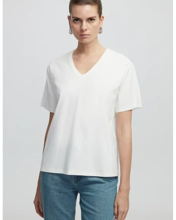 Tricou din amestec de bumbac cu decolteu in V, Alb optic