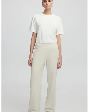 Pantaloni de trening din amestec de modal cu talie inalta, Alb fildes