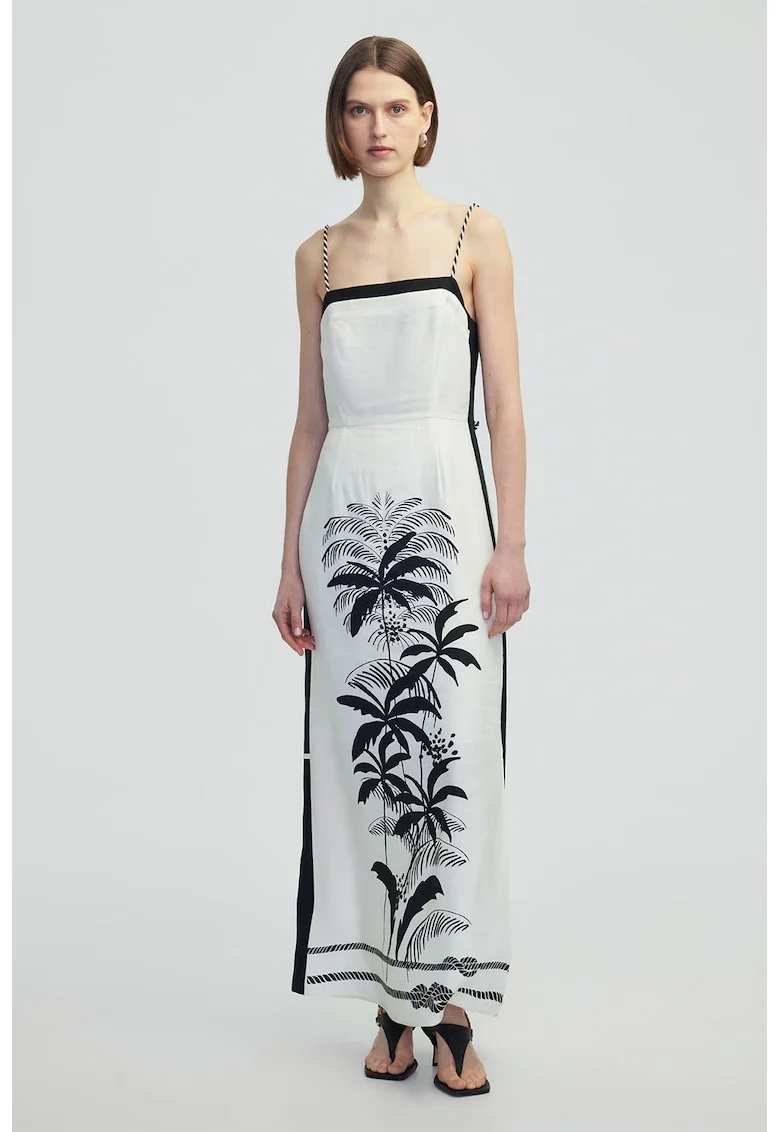 Rochie fara maneci din amestec de in cu imprimeu tropical, Alb/Negru