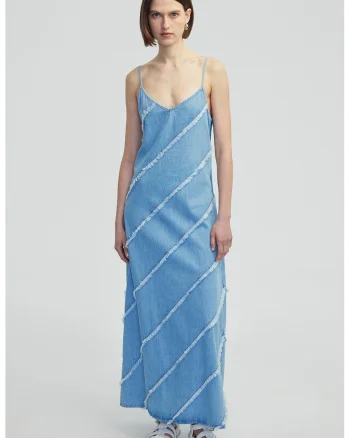 Rochie din denim cu aplicatie diagonala cu franjuri, Albastru deschis melange