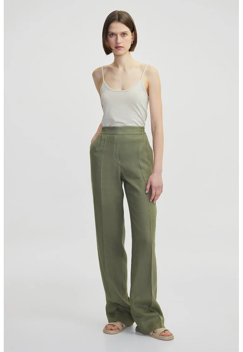 Pantaloni din in cu croiala dreapta si detalii cu pensa, Sage Green