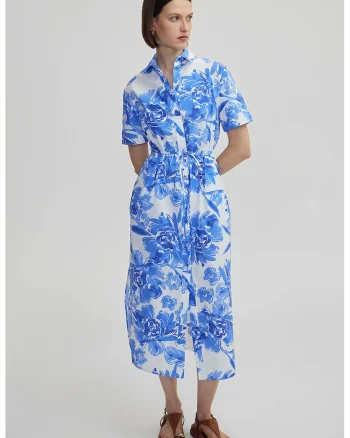 Rochie-camasa cu model floral si buzunare, Alb/Albastru