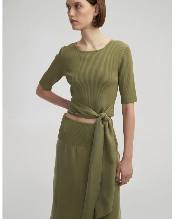 Tricou crop striat cu cordon in talie, Sage Green