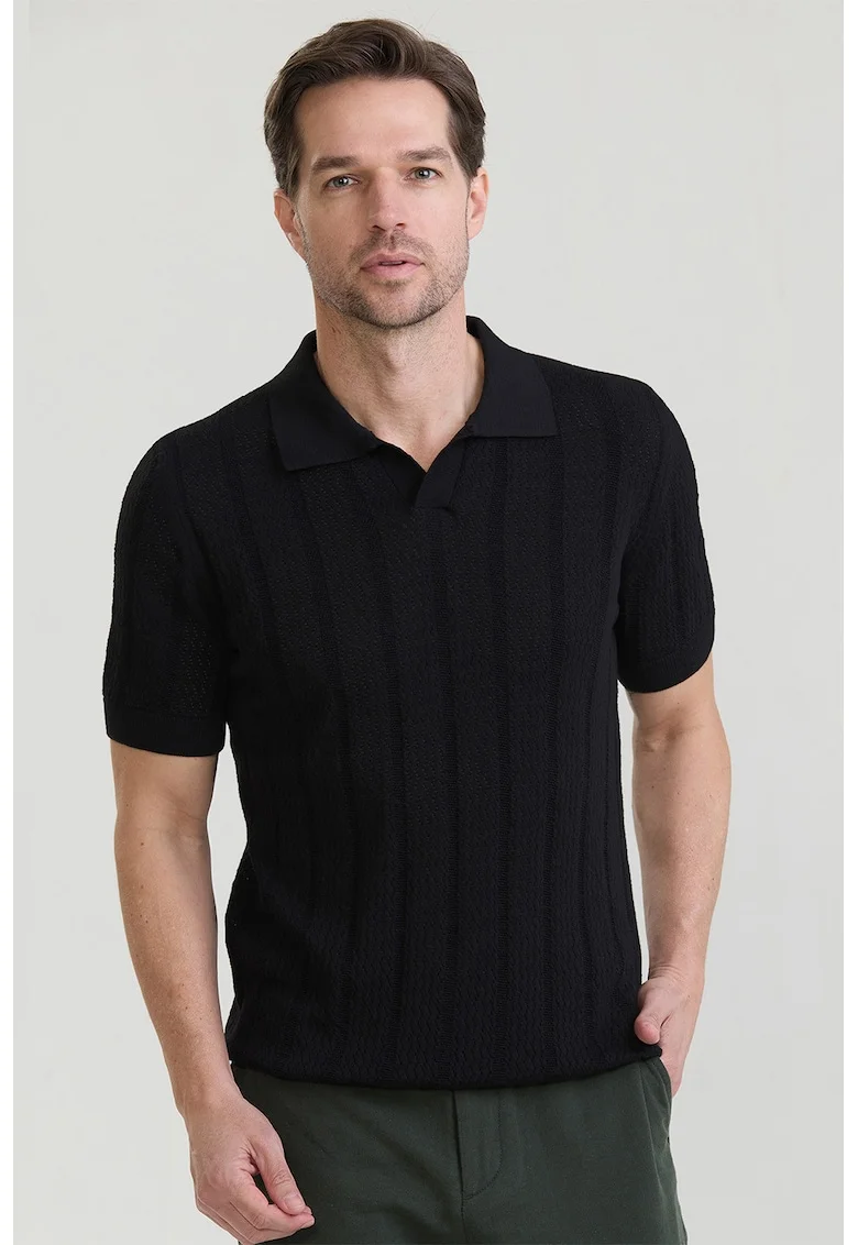 Tricou polo din bumbac cu aspect tricotat, Negru