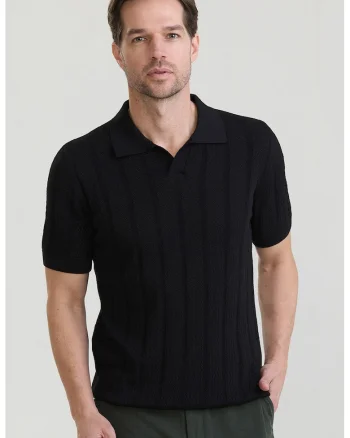 Tricou polo din bumbac cu aspect tricotat, Negru