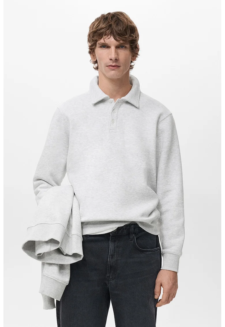 Bluza de trening cu guler polo si croiala regular-fit, Gri deschis melange