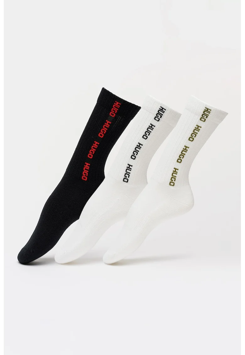 Set de sosete lungi cu model logo - 3 perechi, Rosu/Alb/Negru