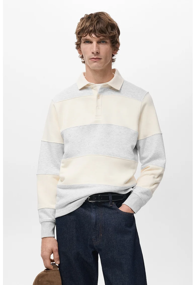 Bluza de trening cu guler polo si dungi, Gri deschis melange/Bej deschis