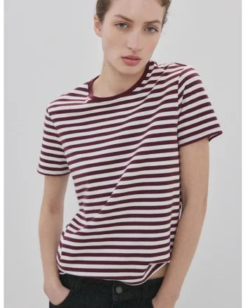 Tricou cu decolteu la baza gatului si dungi, Alb/Visiniu