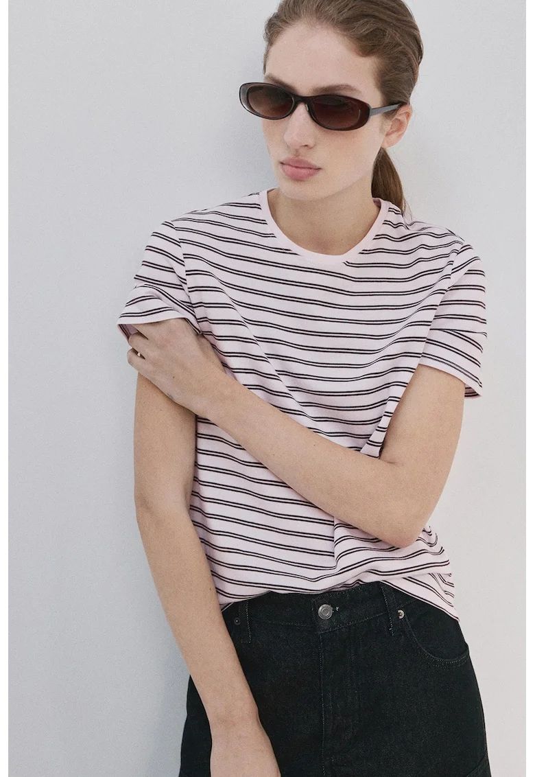 Tricou cu decolteu la baza gatului si dungi, Maro inchis/Roz pastel